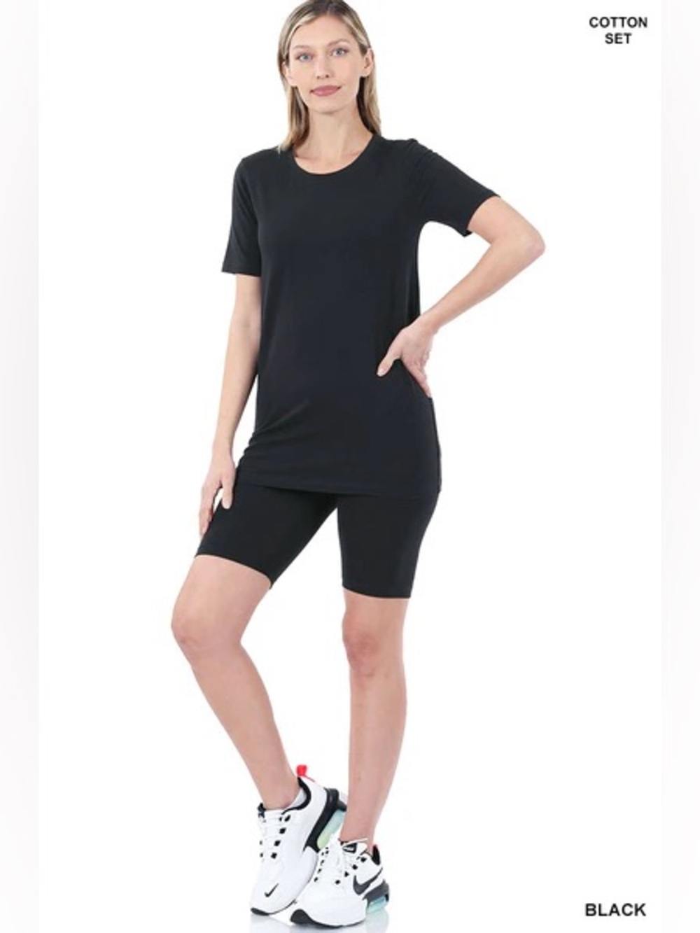 Amazon Black Cotton Short Sleeve Tunic Top with Bike Shorts
